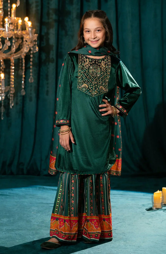 Ochre Embroidered Velvet Stitched 3 Piece Suit - OVF-46 - OCH25VEL - Green - Girls Festive Collection