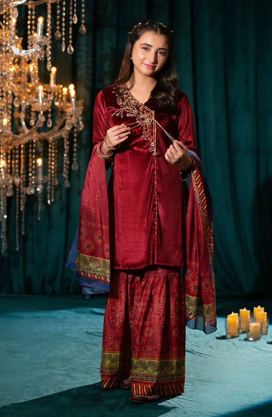 Ochre Embroidered Velvet Stitched 3 Piece Suit - OVF-45 - OCH25VEL - Maroon - Girls Festive Collection
