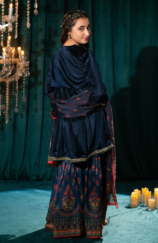 Ochre Embroidered Velvet Stitched 3 Piece Suit - OVF-44 - OCH25VEL - Blue - Girls Festive Collection