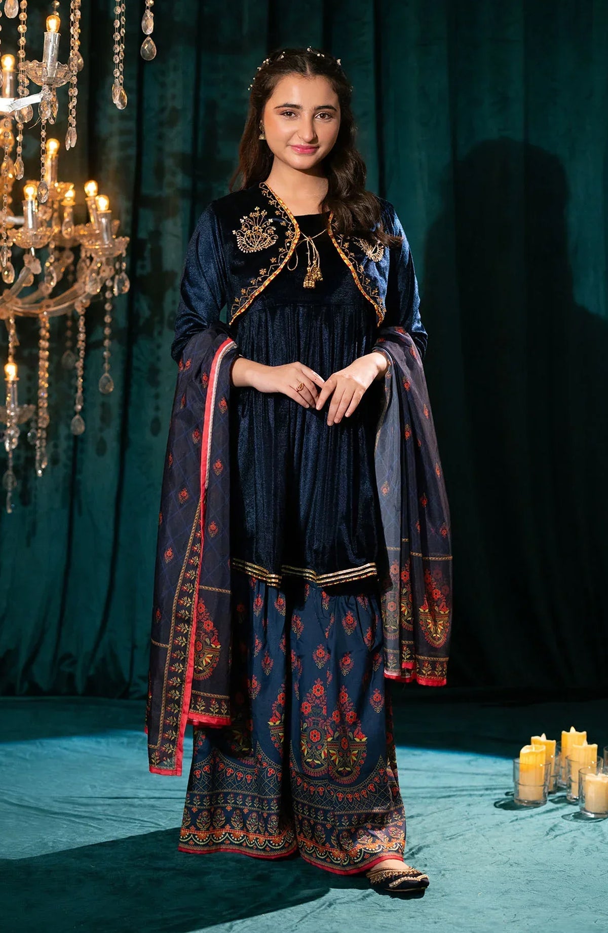 Ochre Embroidered Velvet Stitched 3 Piece Suit - OVF-44 - OCH25VEL - Blue - Girls Festive Collection