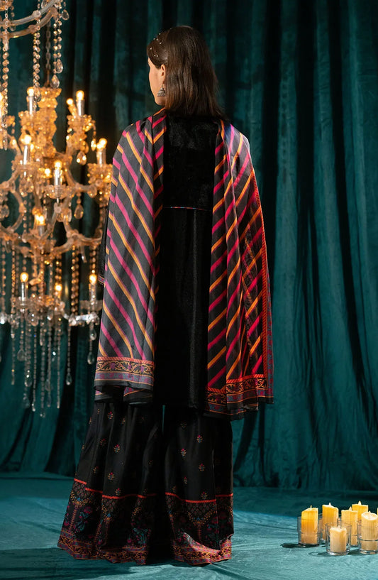 Ochre Embroidered Velvet Stitched 3 Piece Suit - OVF-43 - OCH25VEL - Black - Girls Festive Collection