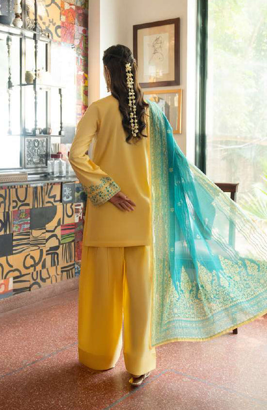 Casual Lite Embroidered Cotton Lawn Stitched 3 Piece Suit - CL25STE - Outfit-01 Lime Yellow - Eid Collection