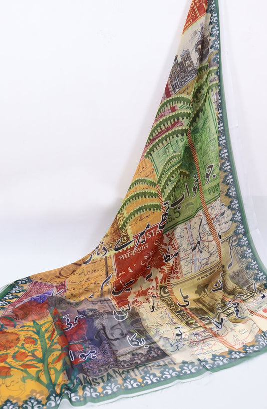 Amna Khadija Printed Chiffon Dupatta - Pak-02 - Green - AM25PKD - Dupatta Collection