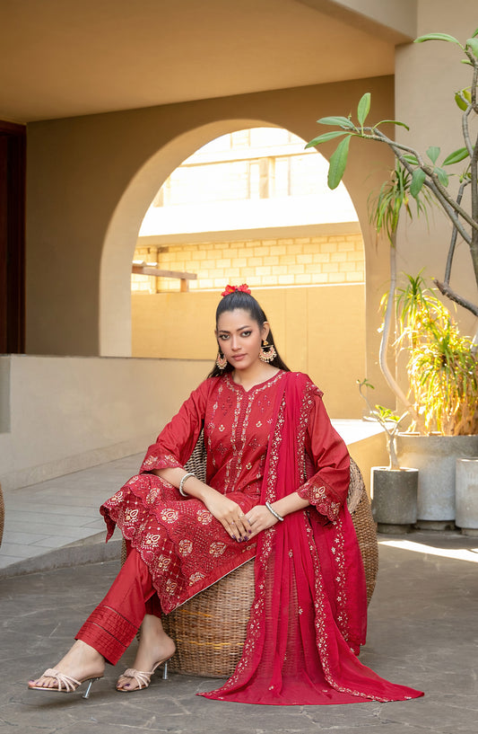Pardes by Tawakkal Fabrics Embroidered Lawn Stitched 3 Piece Suit - D-4063 - TF26PARD - Red - Summer Collection