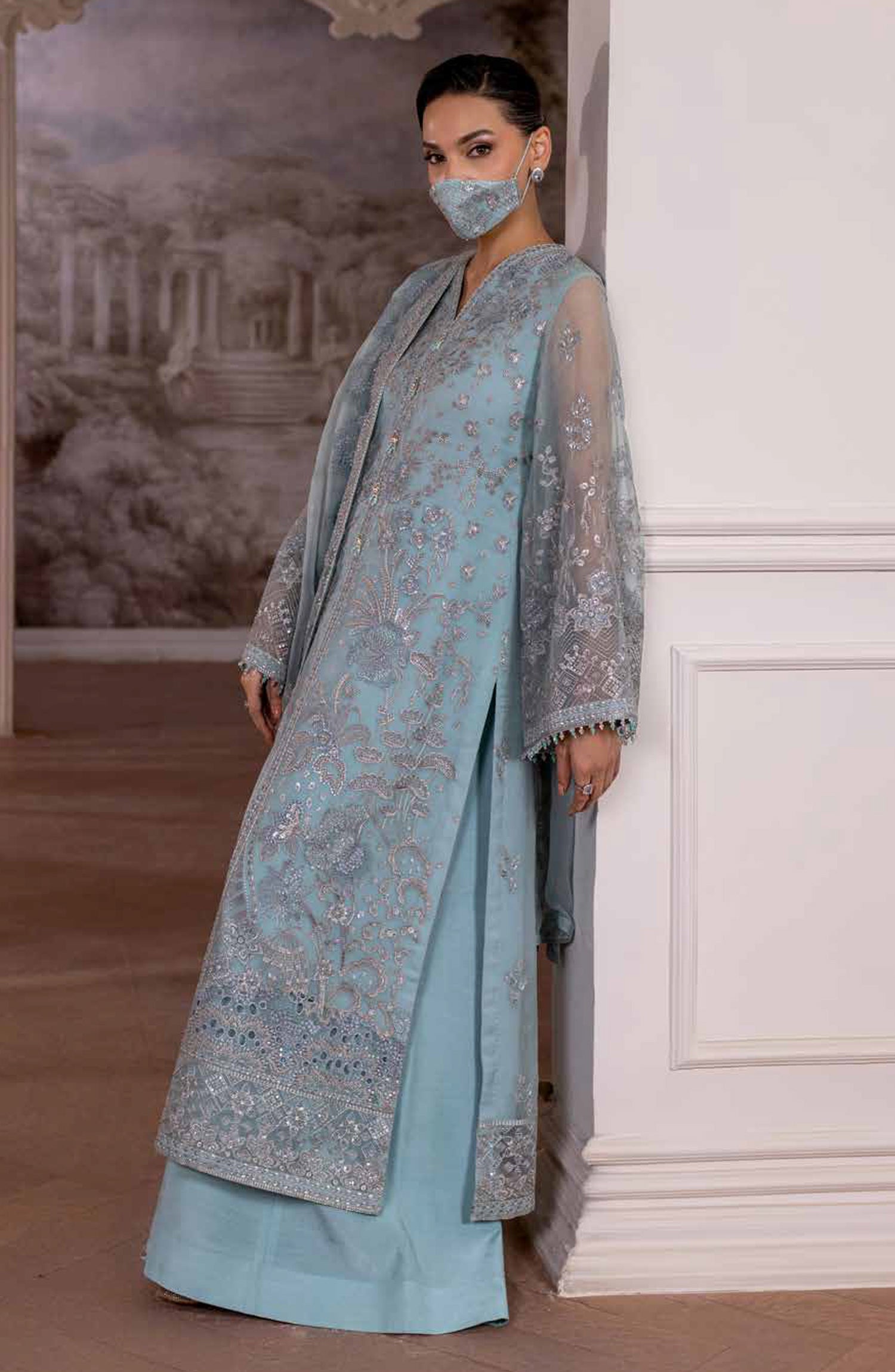 Parisa Safeera by Flossie Embroidered Chiffon Unstitched 3 Piece Suit - PA-01 - FLS26PRS - Blue - Luxury Collection