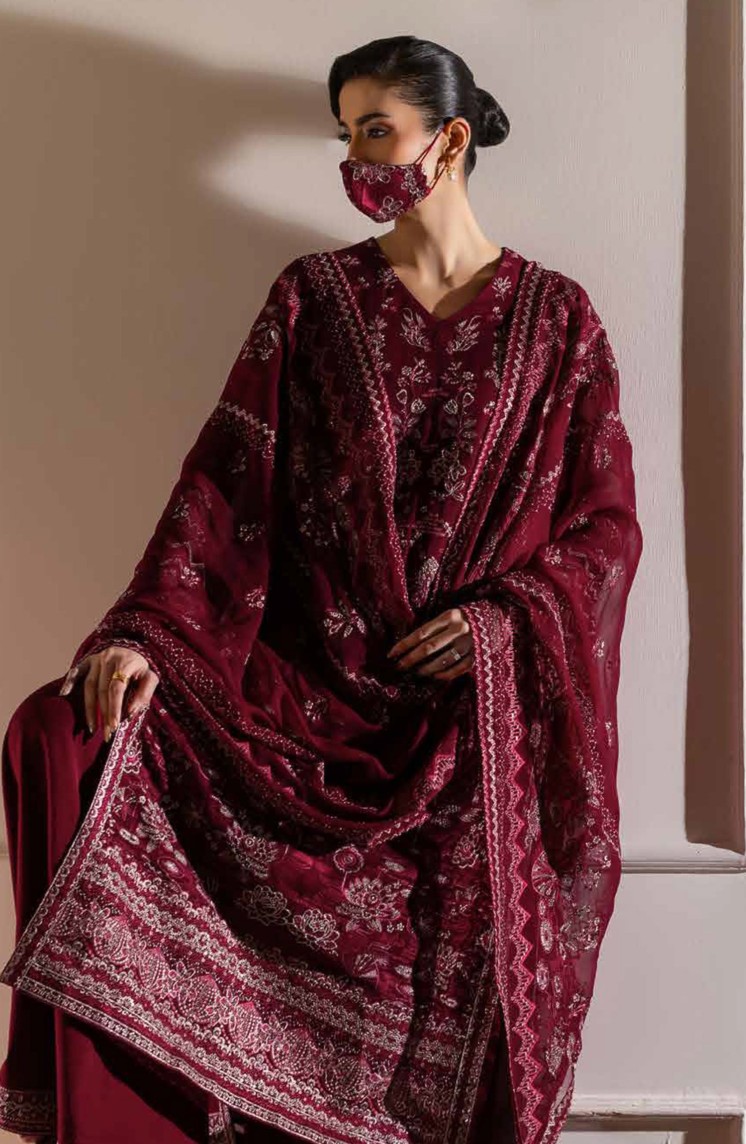 Parisa Safeera by Flossie Embroidered Chiffon Unstitched 3 Piece Suit - PA-02 - FLS26PRS - Maroon - Luxury Collection