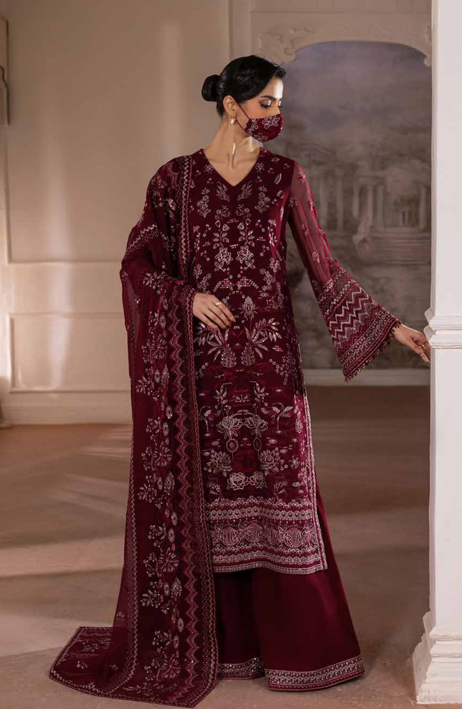 Parisa Safeera by Flossie Embroidered Chiffon Unstitched 3 Piece Suit - PA-02 - FLS26PRS - Maroon - Luxury Collection