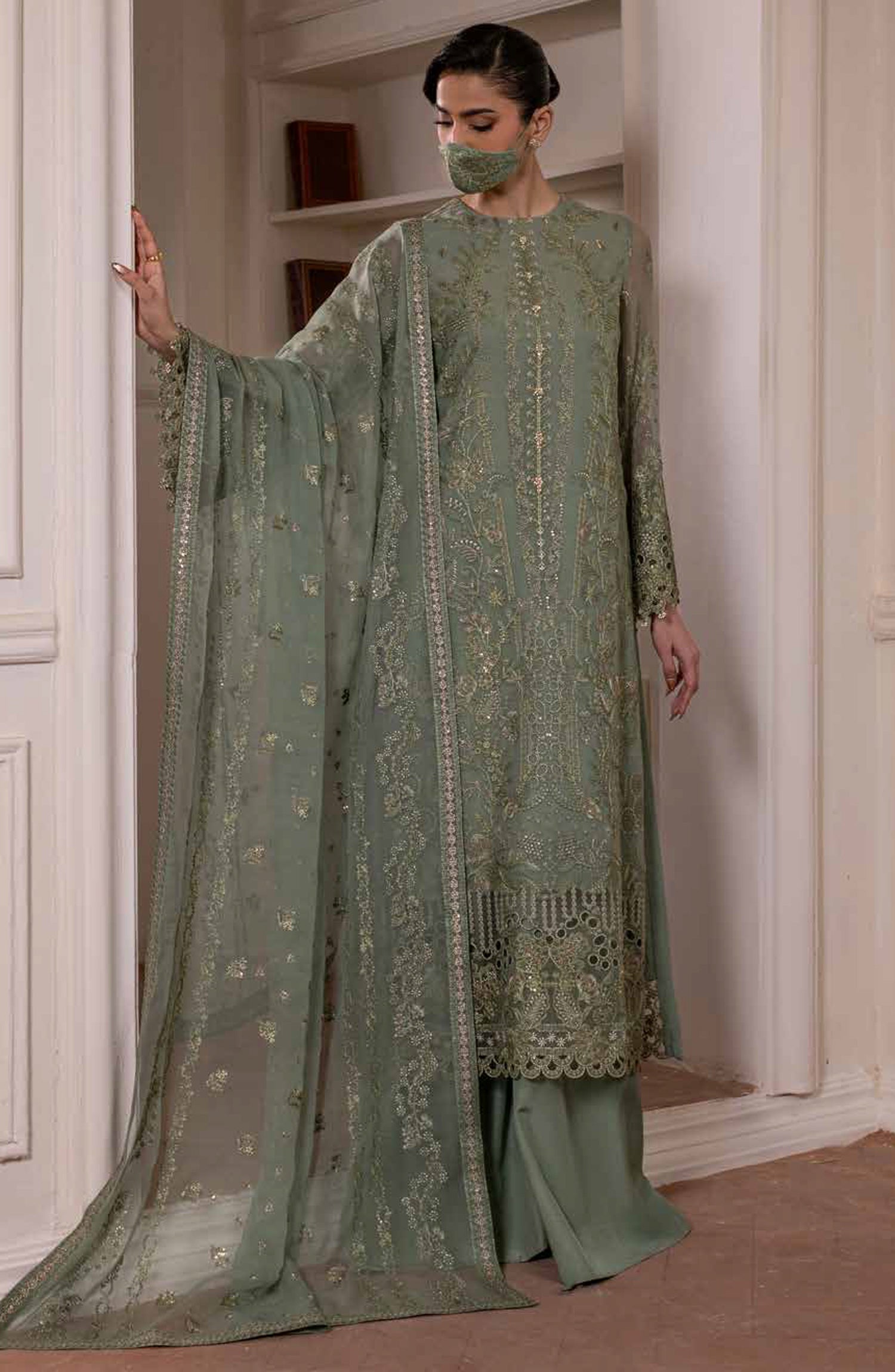 Parisa Safeera by Flossie Embroidered Chiffon Unstitched 3 Piece Suit - PA-03 - FLS26PRS - Green - Luxury Collection