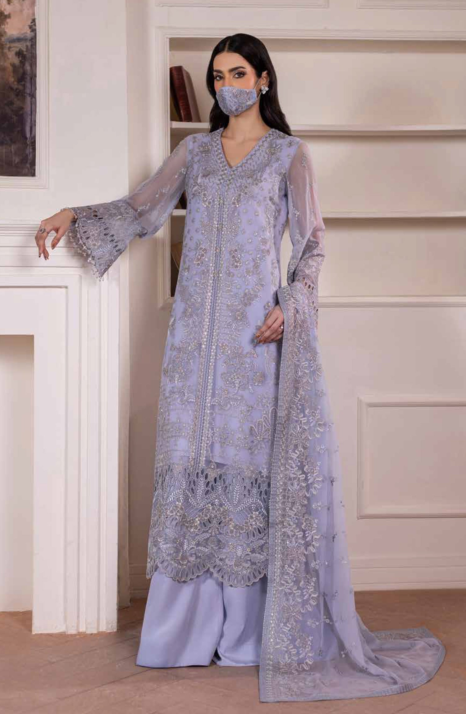 Parisa Safeera by Flossie Embroidered Chiffon Unstitched 3 Piece Suit - PA-06 - FLS26PRS - Sky Blue - Luxury Collection