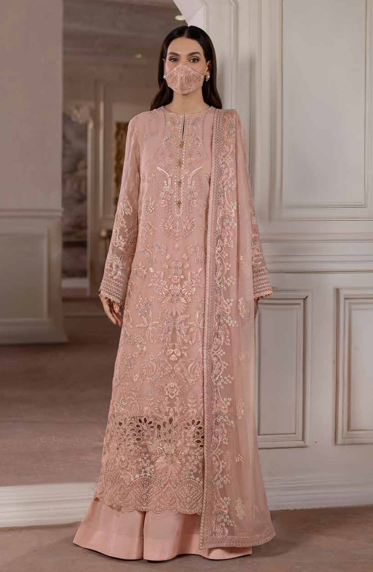 Parisa Safeera by Flossie Embroidered Chiffon Unstitched 3 Piece Suit - PA-08 - FLS26PRS - Baby Pink - Luxury Collection
