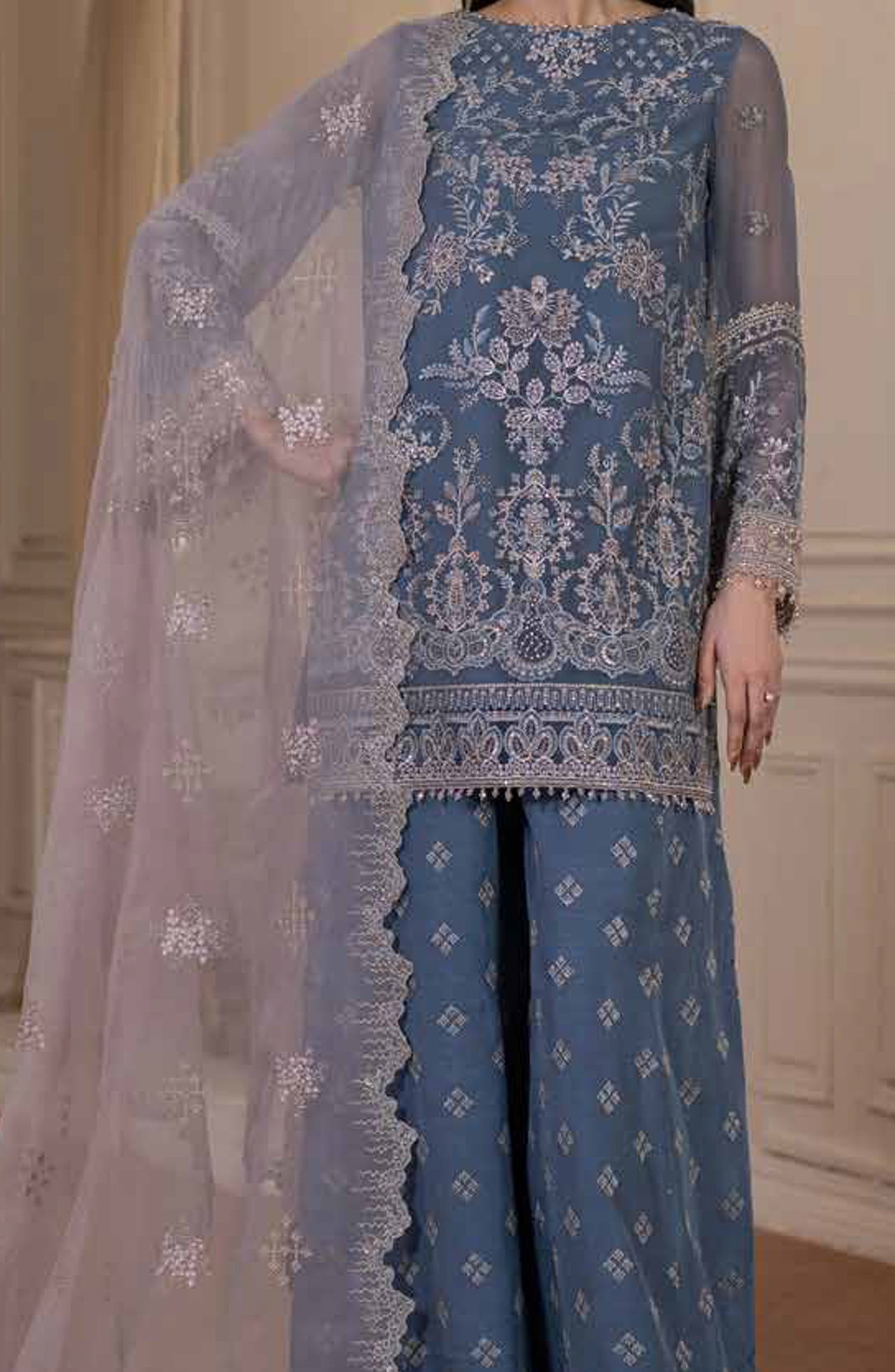 Parisa Safeera by Flossie Embroidered Chiffon Unstitched 3 Piece Suit - PA-09 - FLS26PRS - Blue - Luxury Collection