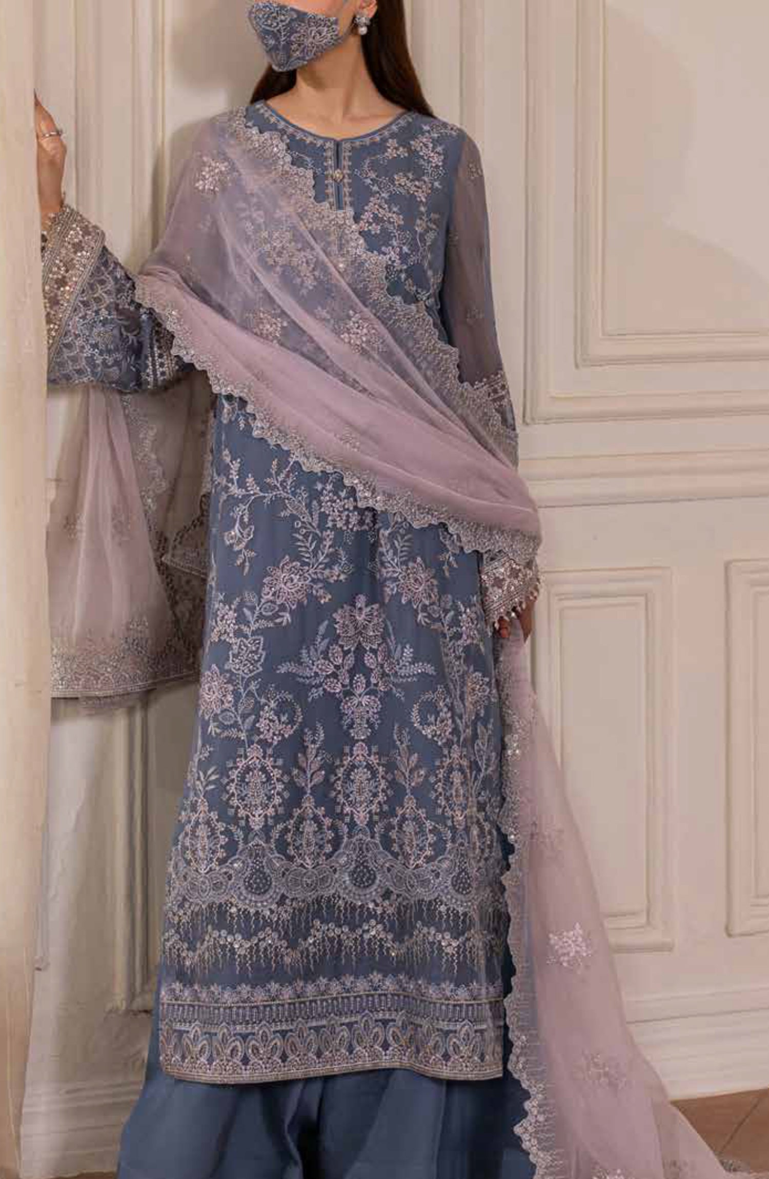 Parisa Safeera by Flossie Embroidered Chiffon Unstitched 3 Piece Suit - PA-09 - FLS26PRS - Blue - Luxury Collection