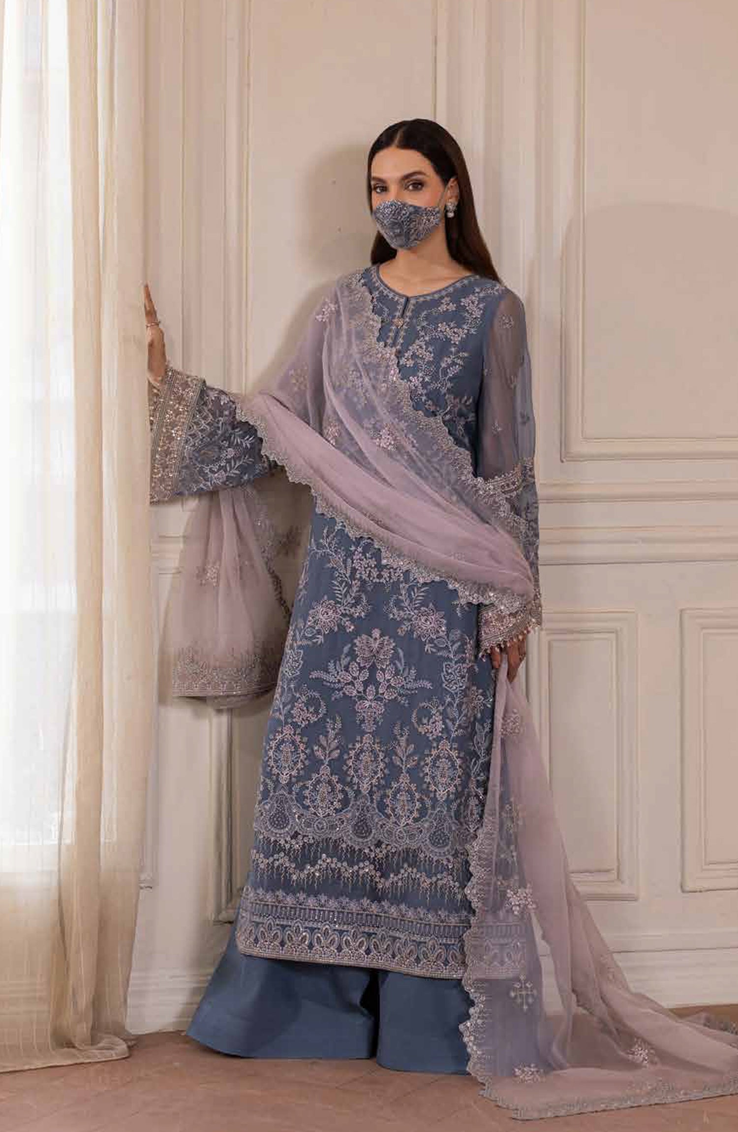 Parisa Safeera by Flossie Embroidered Chiffon Unstitched 3 Piece Suit - PA-09 - FLS26PRS - Blue - Luxury Collection