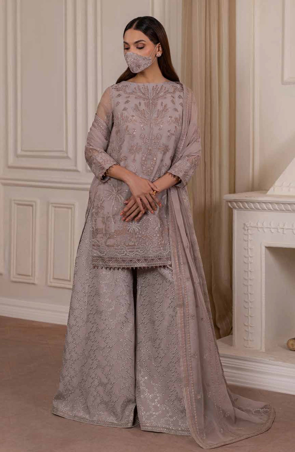 Parisa Safeera by Flossie Embroidered Chiffon Unstitched 3 Piece Suit - PA-10 - FLS26PRS - Light Grey - Luxury Collection
