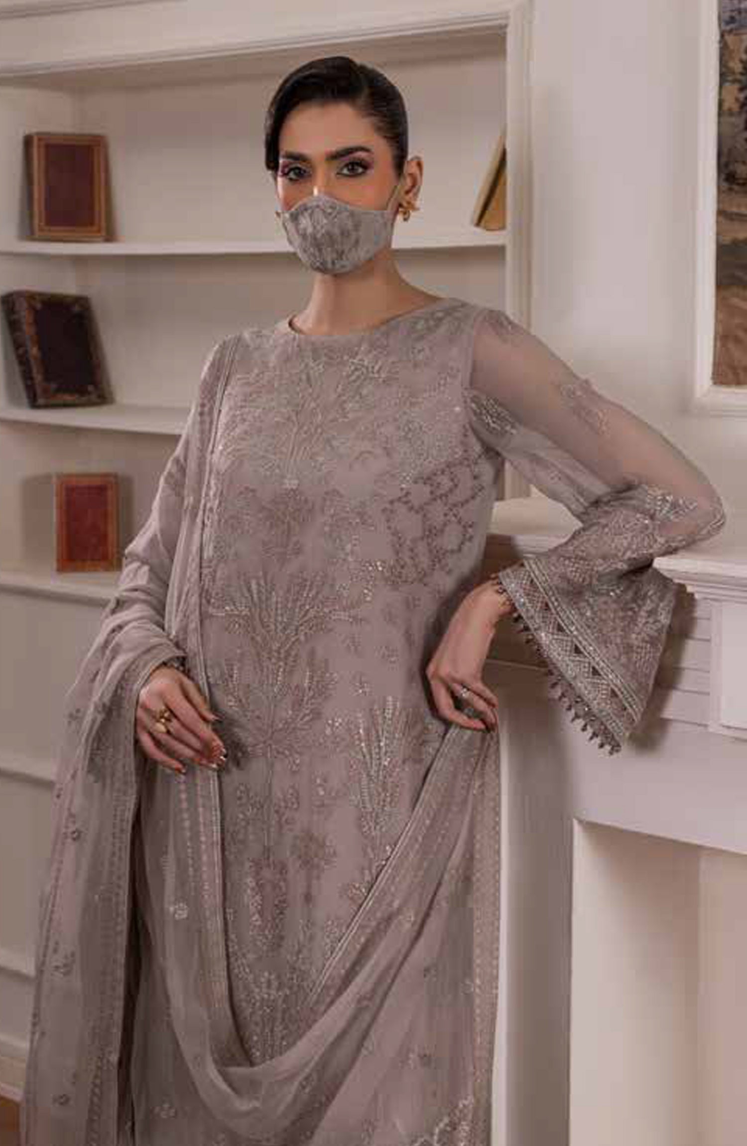 Parisa Safeera by Flossie Embroidered Chiffon Unstitched 3 Piece Suit - PA-10 - FLS26PRS - Light Grey - Luxury Collection