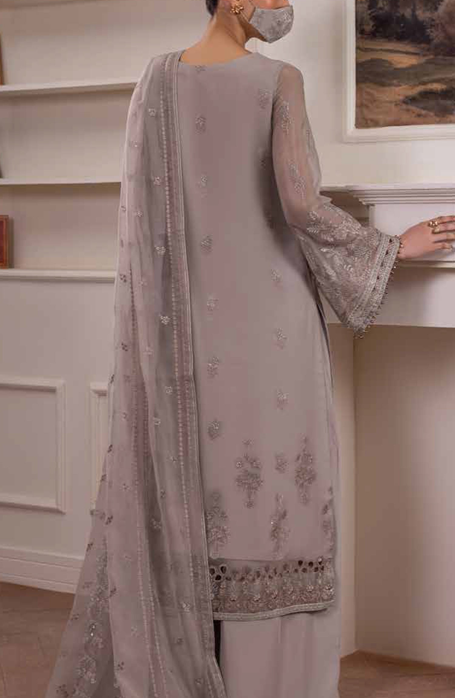 Parisa Safeera by Flossie Embroidered Chiffon Unstitched 3 Piece Suit - PA-10 - FLS26PRS - Light Grey - Luxury Collection