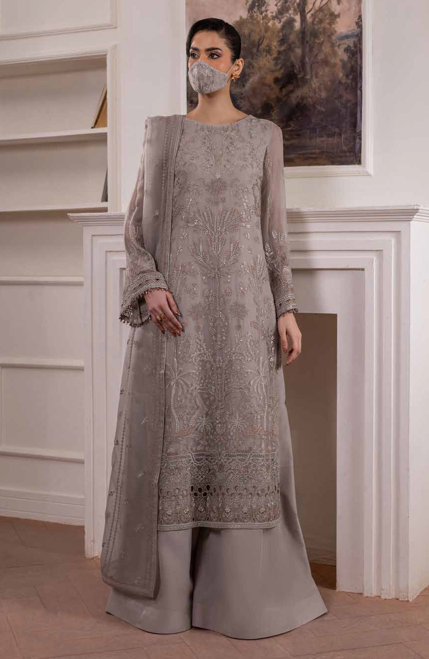 Parisa Safeera by Flossie Embroidered Chiffon Unstitched 3 Piece Suit - PA-10 - FLS26PRS - Light Grey - Luxury Collection