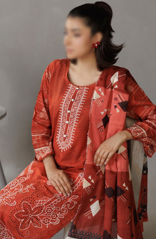 Parisa Embroidered Lawn Unstitched 3 Piece Suit - DE-08 - AK25PRS3 - Red - Summer Collection