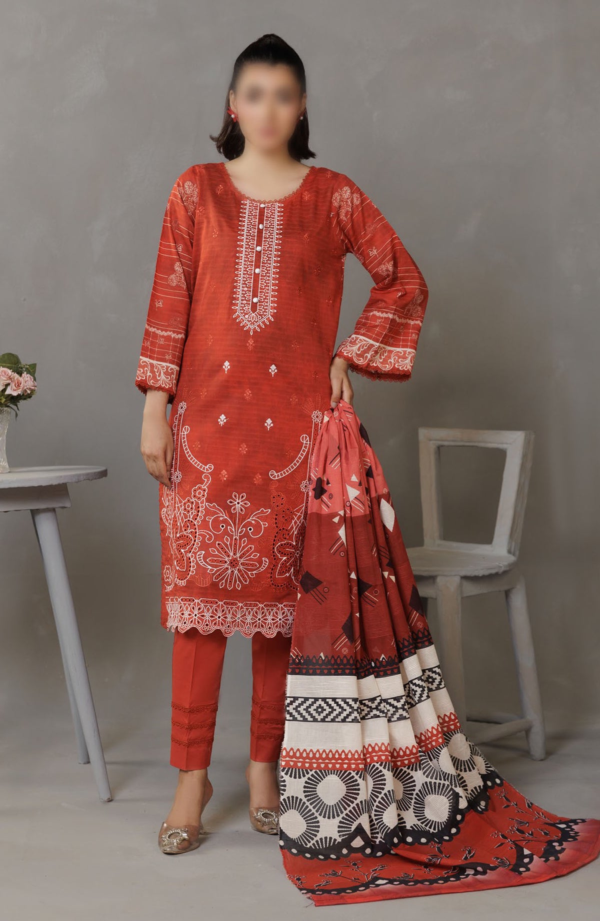 Parisa Embroidered Lawn Unstitched 3 Piece Suit - DE-08 - AK25PRS3 - Red - Summer Collection