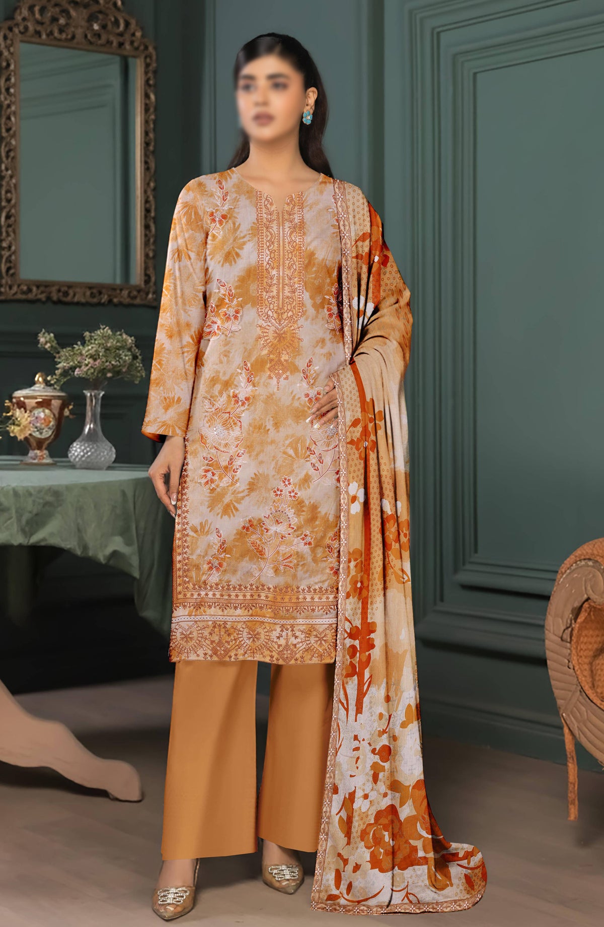 Parishay by Al Karim Embroidered Lawn Unstitched 3 Piece Suit - D-07 - AK26PRH - Rust - Summer Collection