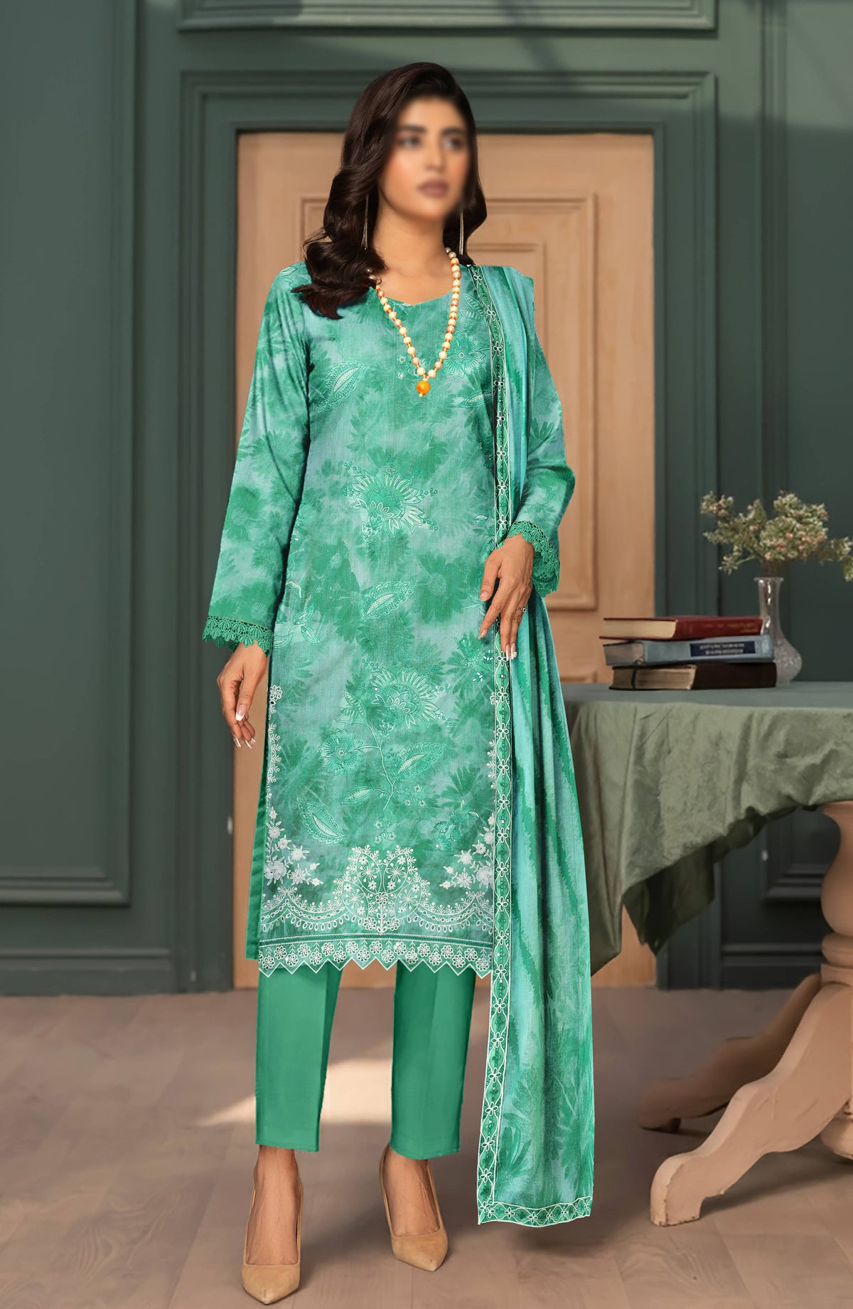 Parishay by Al Karim Embroidered Lawn Unstitched 3 Piece Suit - D-04 - AK26PRH - Green - Summer Collection