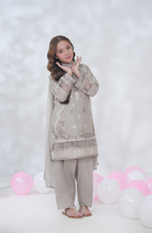 Parizae by Maria Fabrics Embroidered Cotton Stitched 3 Piece Suit - D-03 - MRF26PR - Grey - Festive Girls Collection