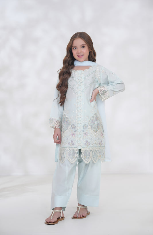 Parizae by Maria Fabrics Embroidered Cotton Stitched 3 Piece Suit - D-01 - MRF26PR - Blue - Festive Girls Collection