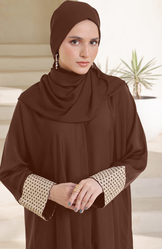 Kohinoor by TGM Front Open Premium Fabric Abaya - Parsa Brown - TGM25KOH - Brown