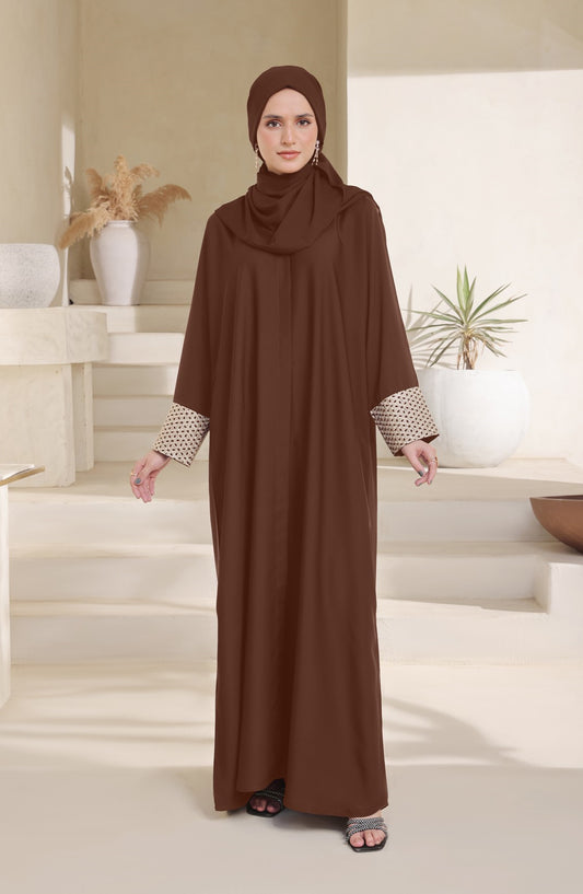 Kohinoor by TGM Front Open Premium Fabric Abaya - Parsa Brown - TGM25KOH - Brown