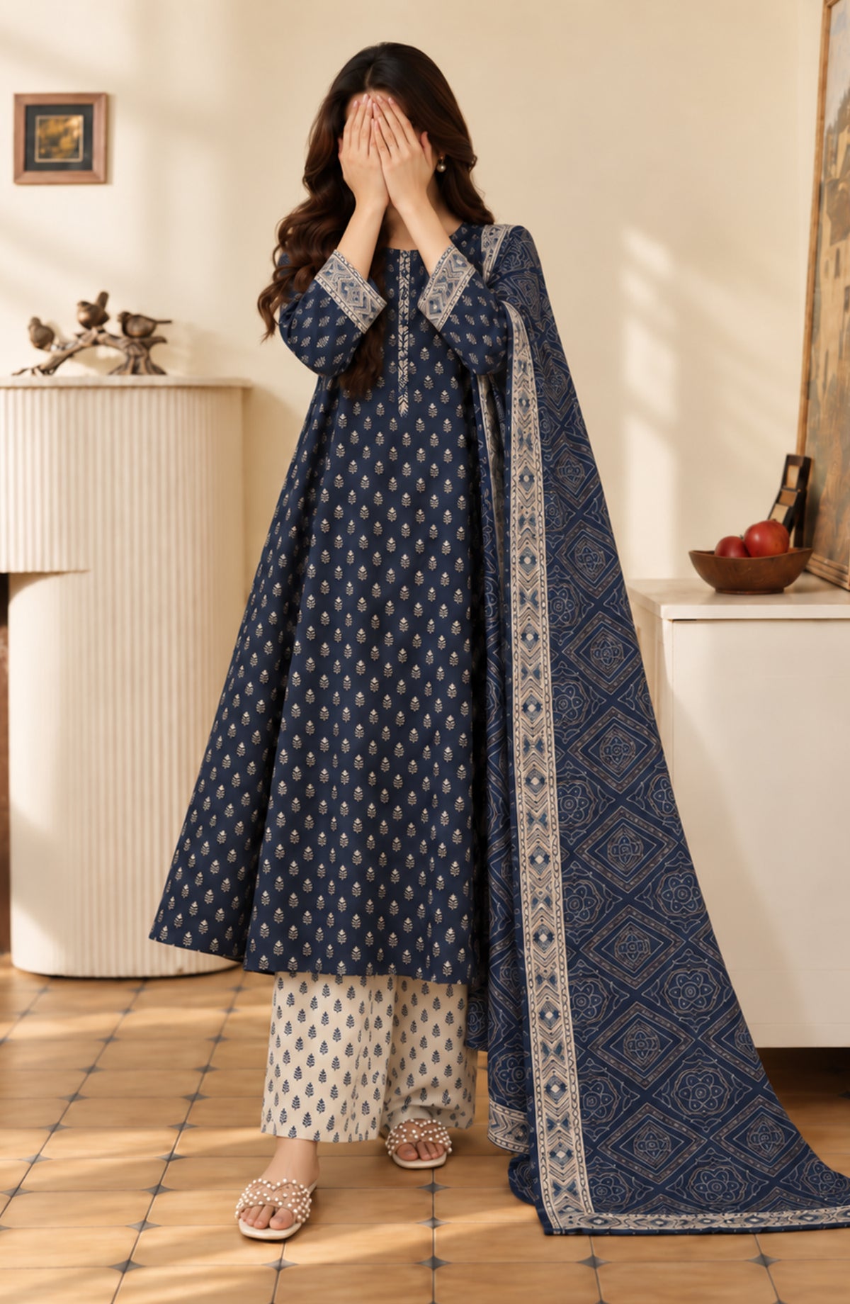 Pehchaan by Amna Khadija Printed Cotton Cambric Stitched 3 Piece Suit - AKP-02 - AM26CHN - Blue - Summer Collection