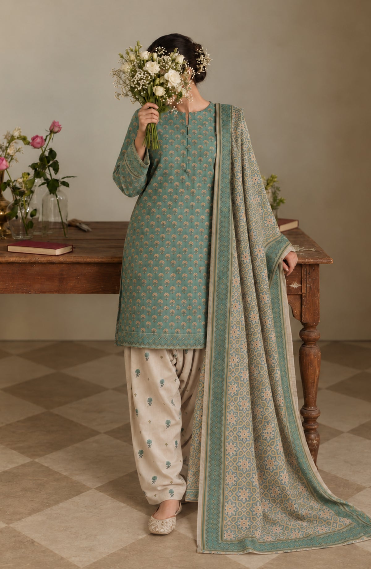 Pehchaan by Amna Khadija Printed Cotton Cambric Stitched 3 Piece Suit - AKP-03 - AM26CHN - Green - Summer Collection