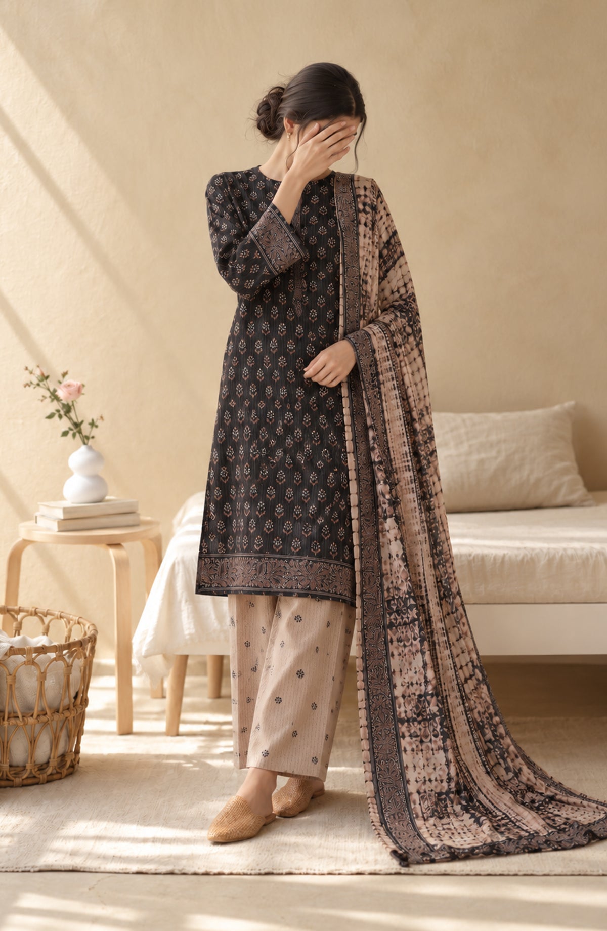 Pehchaan by Amna Khadija Printed Cotton Cambric Stitched 3 Piece Suit - AKP-05 - AM26CHN - Black - Summer Collection