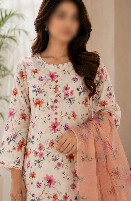 Phoolkari by Amna Khadija Printed Lawn Stitched 3 Piece Suit - APKP-10 - AM26APKP - Peach - Summer Collection
