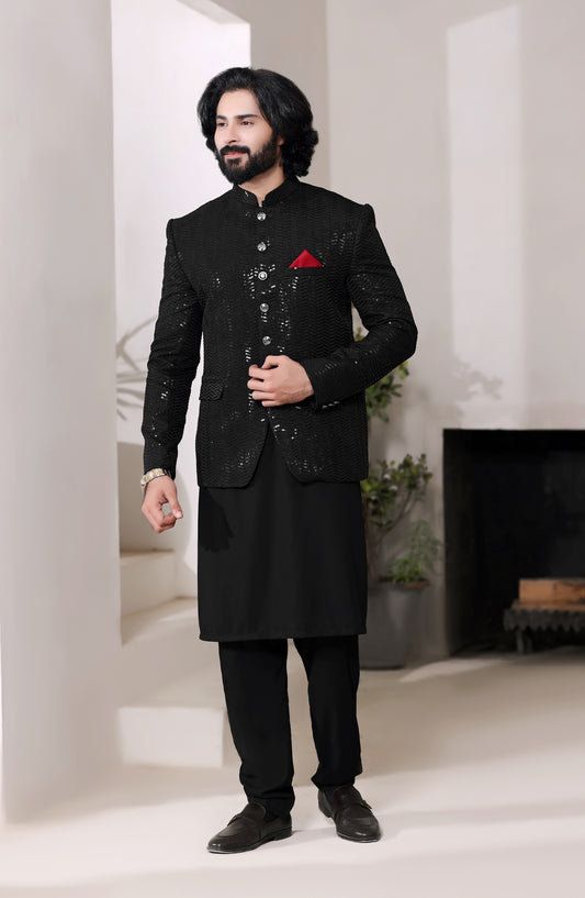 TGM The Royal Edit Raw Silk Stitched Prince Coat - Prince Coat - 110 - TGM26ROY - Black - Men Festive Collection