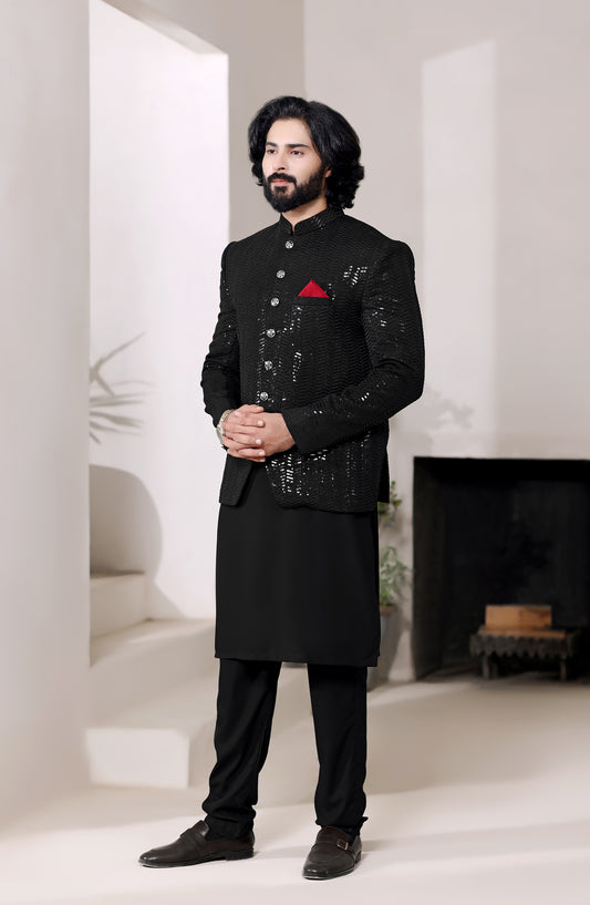 TGM The Royal Edit Raw Silk Stitched Prince Coat - Prince Coat - 110 - TGM26ROY - Black - Men Festive Collection