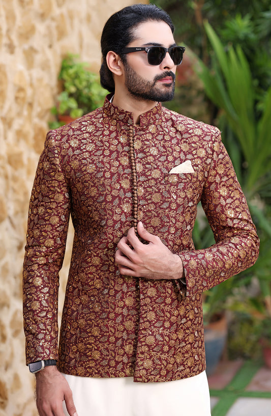 TGM The Royal Edit Jamawar Stitched Prince Coat - Prince Coat - 112 - TGM26ROY - Maroon - Men Festive Collection