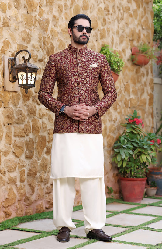 TGM The Royal Edit Jamawar Stitched Prince Coat - Prince Coat - 112 - TGM26ROY - Maroon - Men Festive Collection