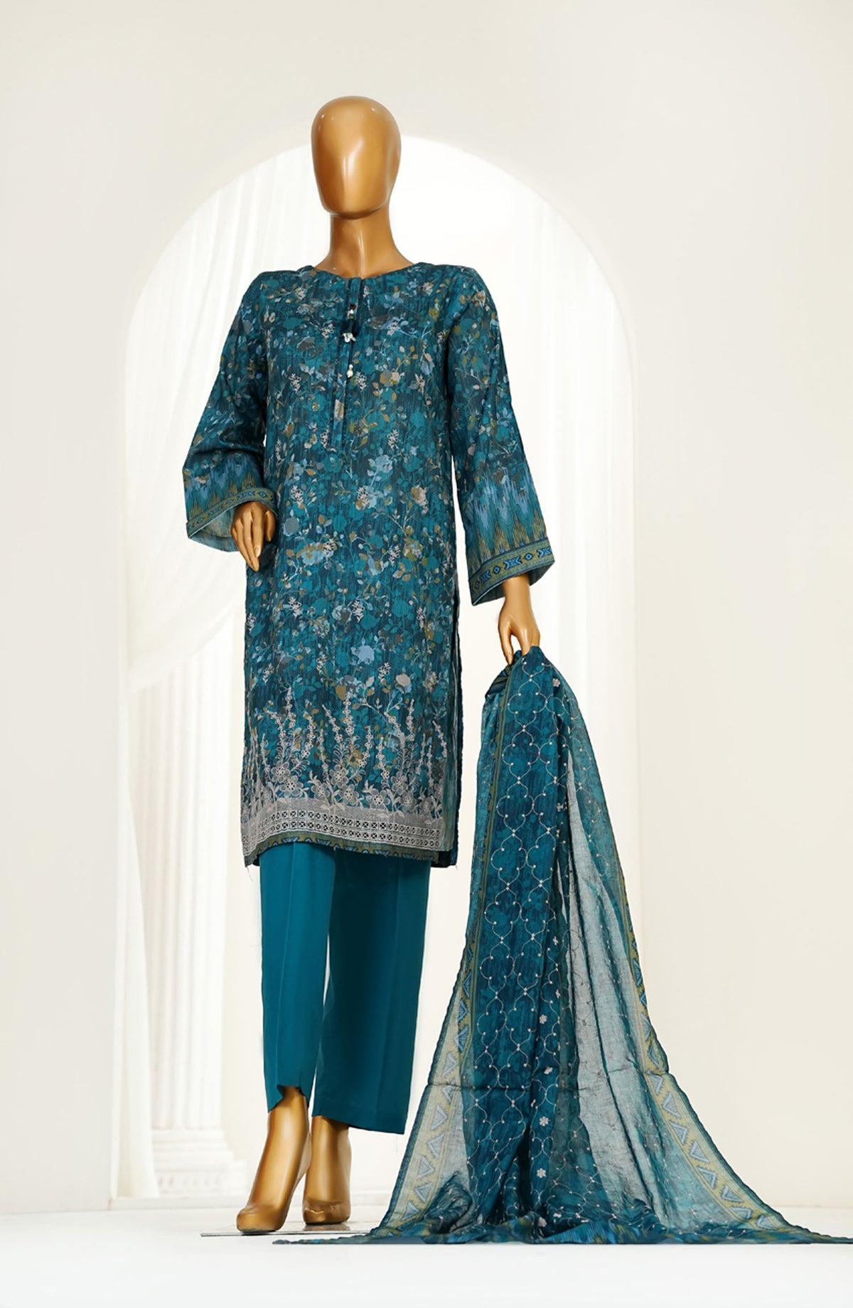 Printkari by HZ Textile Embroidered Chikankari Lawn Stitched 3 Piece Suit - HZ25PNK4 - LPK-3P-504 TURQUOISE - Summer Collection