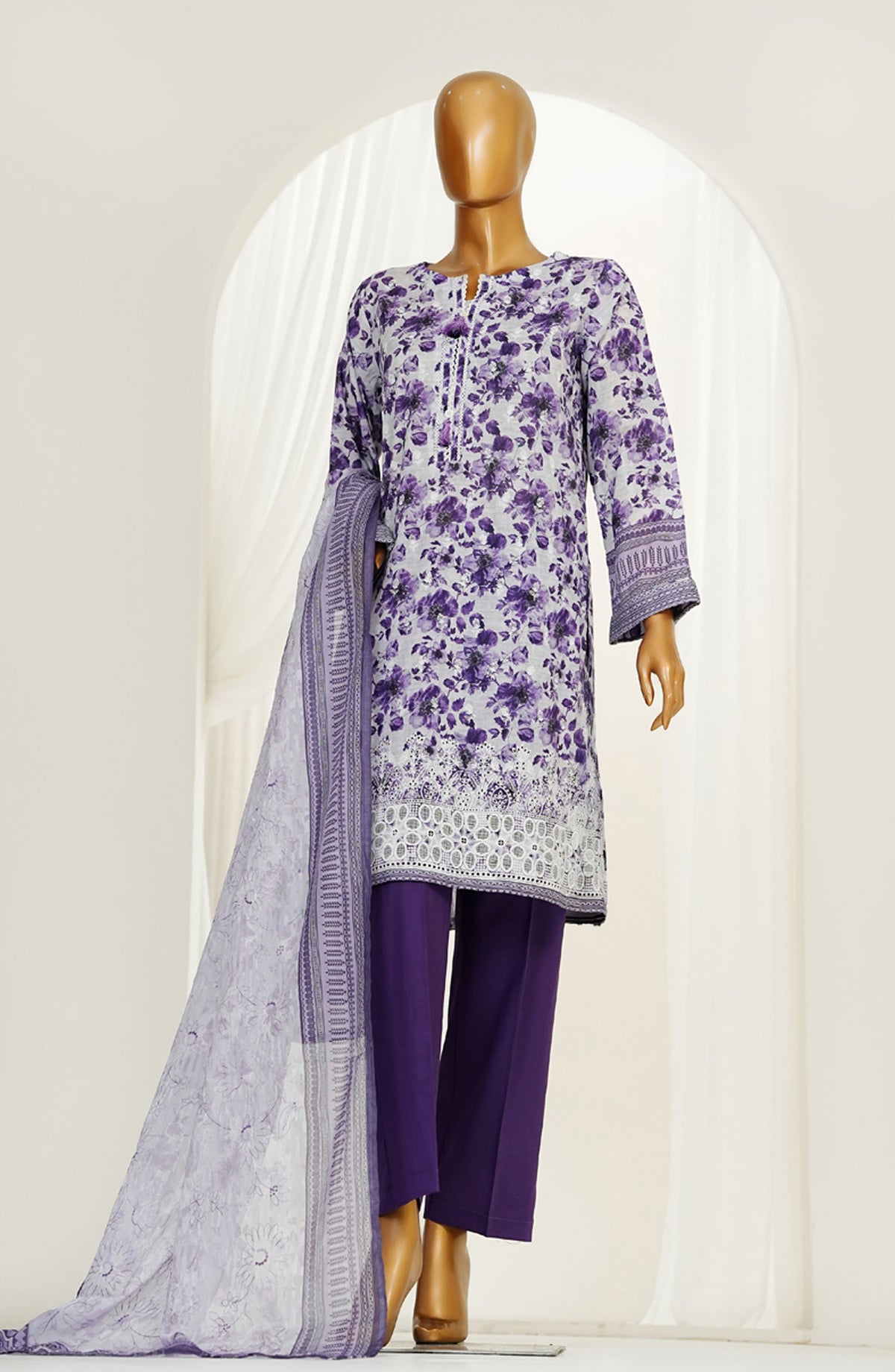 Printkari by HZ Textile Embroidered Chikankari Lawn Stitched 3 Piece Suit - HZ25PNK4 - LPK-3P-502 PURPLE - Summer Collection
