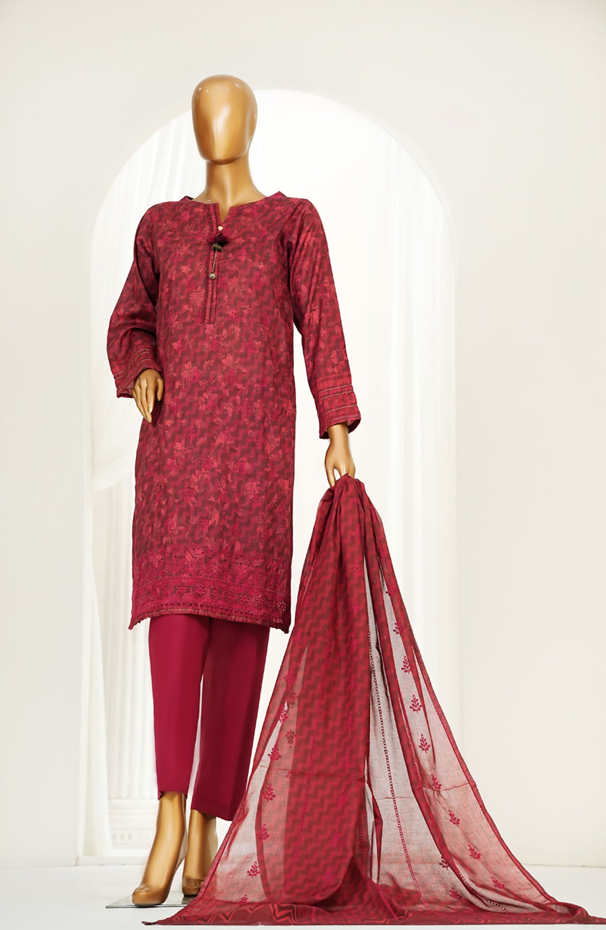 Printkari by HZ Textile Embroidered Chikankari Lawn Stitched 3 Piece Suit - HZ25PNK4 - LPK-3P-503 MAROON - Summer Collection