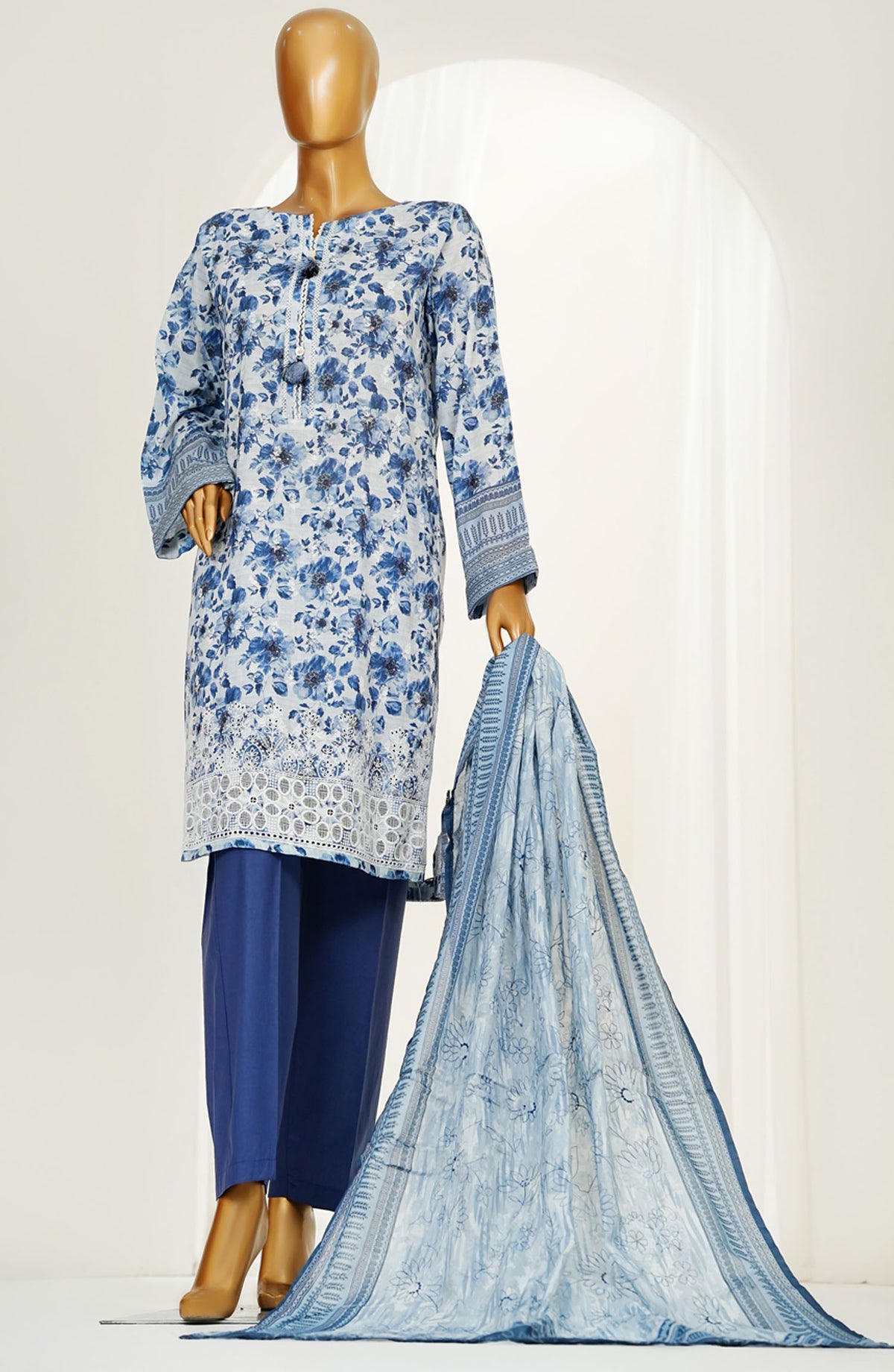 Printkari by HZ Textile Embroidered Chikankari Lawn Stitched 3 Piece Suit - HZ25PNK4 - LPK-3P-501 GREYISH BLUE - Summer Collection
