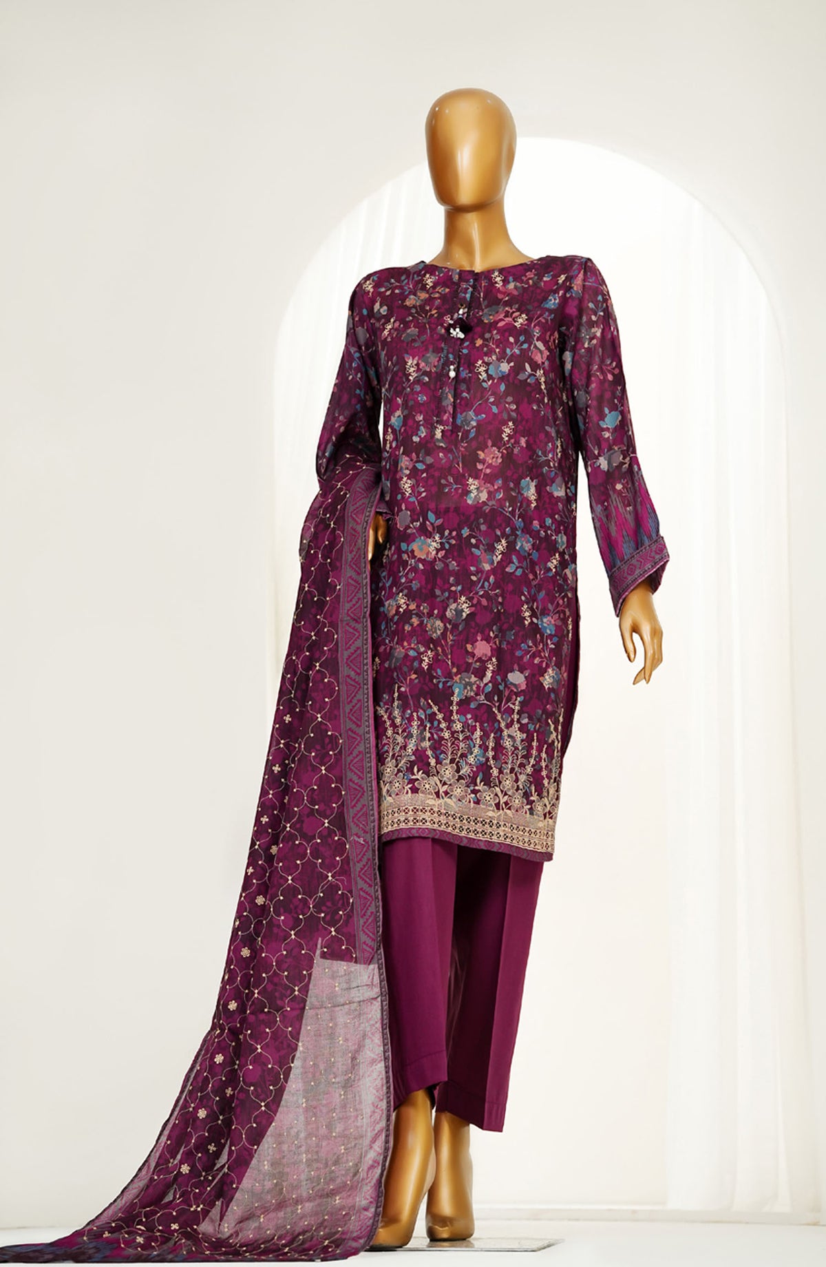 Printkari by HZ Textile Embroidered Chikankari Lawn Stitched 3 Piece Suit - HZ25PNK4 - LPK-3P-505 PLUM - Summer Collection