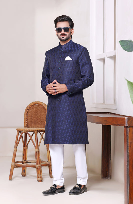 TGM The Royal Edit Jamawar Stitched Sherwani - Prussian Blue Sherwani - TGM26ROY - Blue - Men Festive Collection