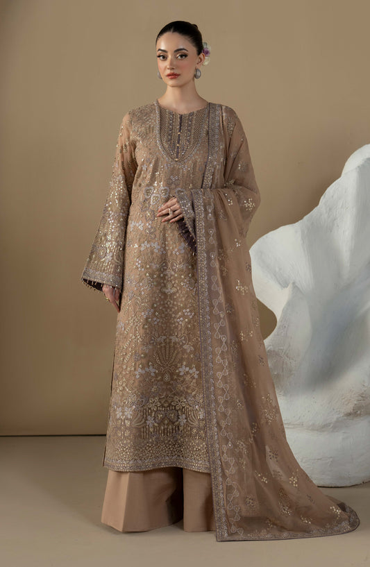 Purkashish Lavish Premium Embroidered Chiffon Unstitched 3 Piece Suit - 09 Mauve Taupe - LP26PRK - Beige - Festive Collection