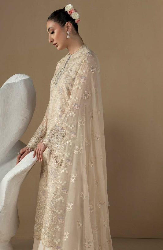 Purkashish Lavish Premium Embroidered Chiffon Unstitched 3 Piece Suit - 08 Pearl Ivory - LP26PRK - Cream - Festive Collection