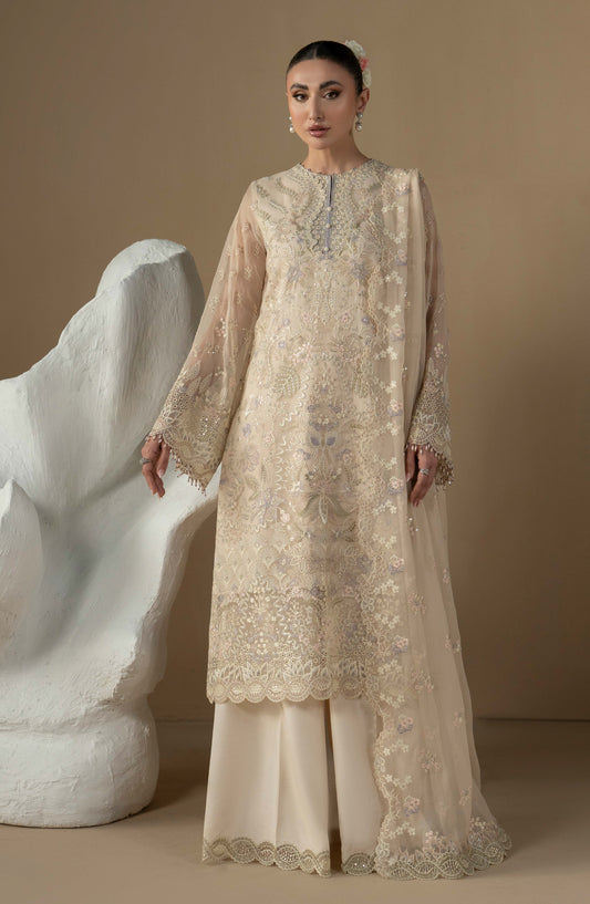 Purkashish Lavish Premium Embroidered Chiffon Unstitched 3 Piece Suit - 08 Pearl Ivory - LP26PRK - Cream - Festive Collection