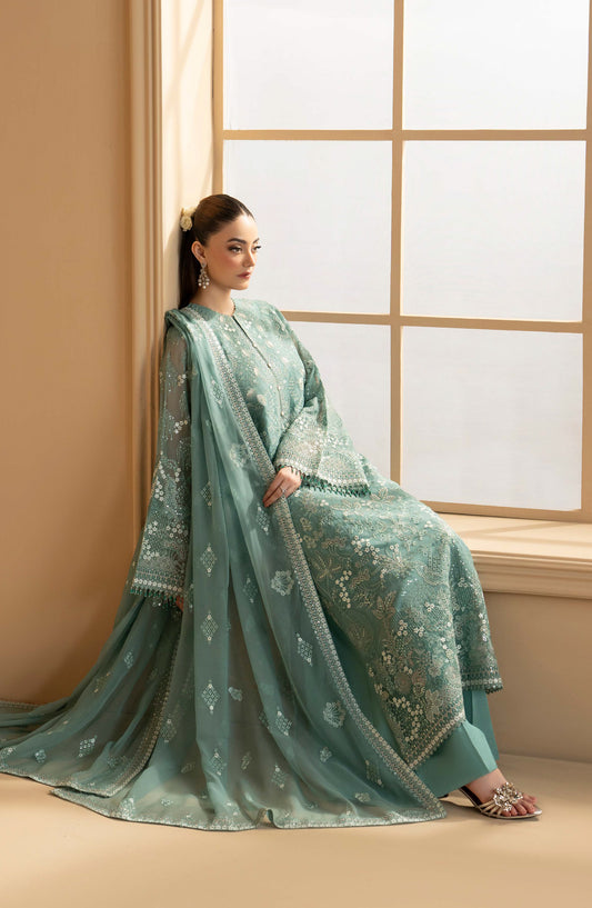Purkashish Lavish Premium Embroidered Chiffon Unstitched 3 Piece Suit - 06 Aqua Mist - LP26PRK - Sea Green - Festive Collection