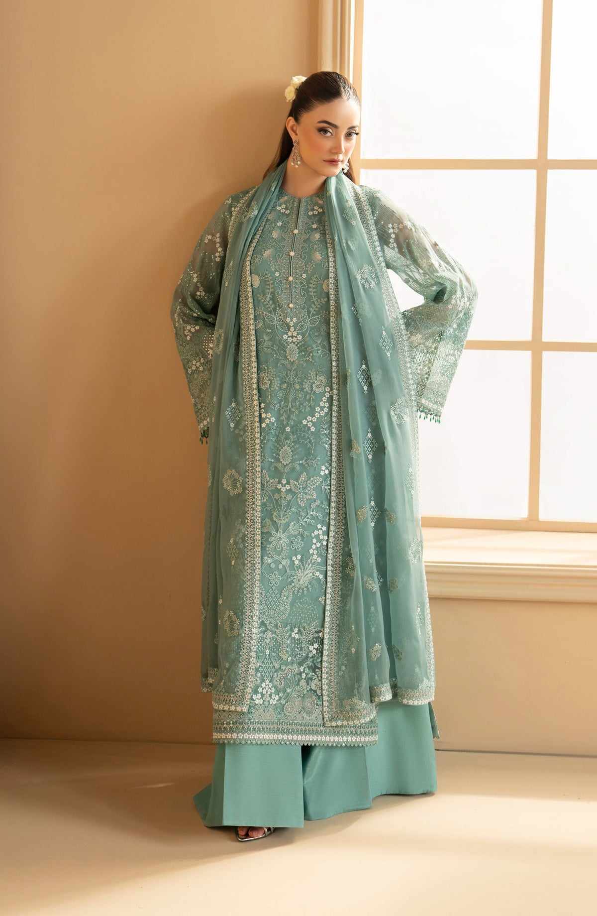 Purkashish Lavish Premium Embroidered Chiffon Unstitched 3 Piece Suit - 06 Aqua Mist - LP26PRK - Sea Green - Festive Collection
