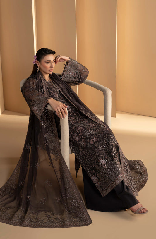 Purkashish Lavish Premium Embroidered Chiffon Unstitched 3 Piece Suit - 05 Coco Noir - LP26PRK - Black - Festive Collection