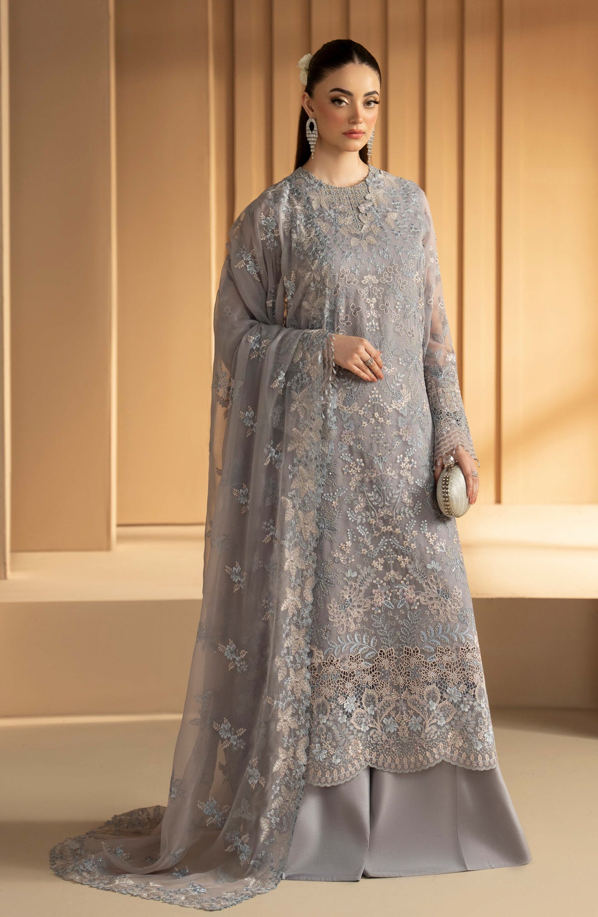 Purkashish Lavish Premium Embroidered Chiffon Unstitched 3 Piece Suit - 01 Silver Sage - LP26PRK - Grey - Festive Collection